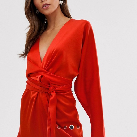 ASOS design satin midi dress with batwing sleeve and wrap waste - Picture 3 of 7